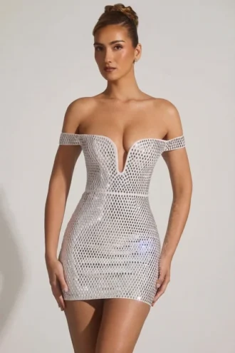 Leonora versierde off-shoulder minijurk in wit