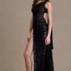 Leontine Premium paillettenkant maxi-jurk met sjaaldetail in zwart