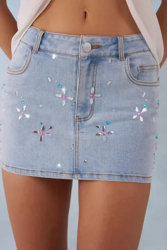 Levara Mid-Rise Denim Micro Mini Rok  in Lichte Denim