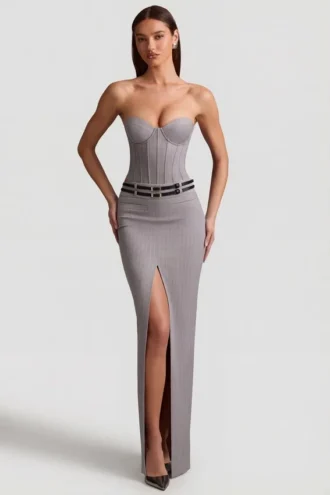 Liora maxi-rok met fijne strepen en lage taille in grijs