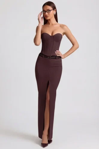 Liora Pinstripe laag uitgesneden maxi-rok in chocoladebruin