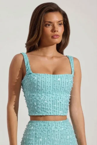 Lirael versierde crop top met vierkante hals in aquablauw