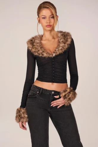 Lola doorschijnend mesh-vest met imitatiebont in zwart