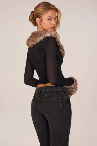 Lola doorschijnend mesh-vest met imitatiebont in zwart