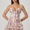 Lolina A-lijn minijurk met ruches en vetersluiting in primrose bloemenprint