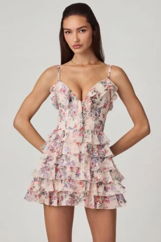 Lolina A-lijn minijurk met ruches en vetersluiting in primrose bloemenprint