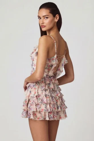 Lolina A-lijn minijurk met ruches en vetersluiting in primrose bloemenprint