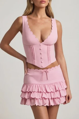 Lorena gelaagde mini-rok met ruches en lage taille in zachtroze