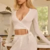 Lou Pointelle Wrap Crop Top in wit