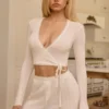 Lou Pointelle Wrap Crop Top in wit