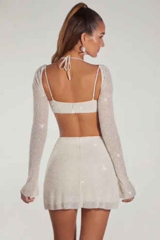 Lucerne versierde crop top met lange mouwen in ivoor