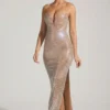 Lucile versierde strapless plunge-jurk in amandel