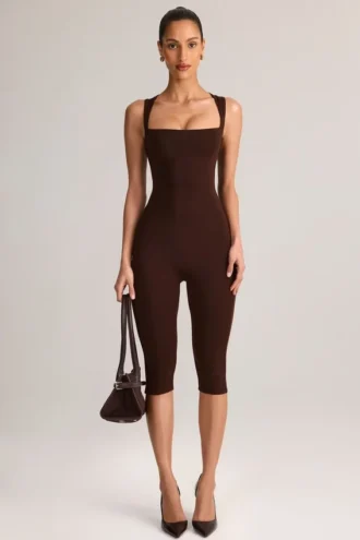Luma Modal Bodycon Capri-jumpsuit met vierkante hals in chocoladebruin