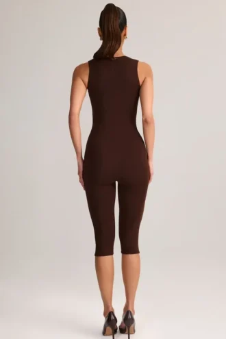 Luma Modal Bodycon Capri-jumpsuit met vierkante hals in chocoladebruin