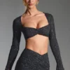 Lumina versierde crop top met lange mouwen in zwart