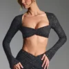 Lumina versierde crop top met lange mouwen in zwart