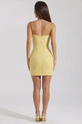 Lunetta versierde mini-bodyconjurk met ronde hals in geel