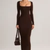 Lux Modal bodycon maxijurk met vierkante hals in chocoladebruin