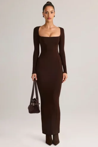 Lux Modal bodycon maxijurk met vierkante hals in chocoladebruin