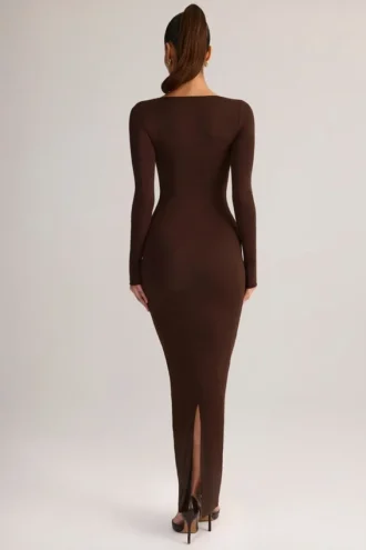 Lux Modal bodycon maxijurk met vierkante hals in chocoladebruin
