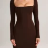 Lux Modal bodycon maxijurk met vierkante hals in chocoladebruin
