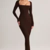 Lux Modal bodycon maxijurk met vierkante hals in chocoladebruin