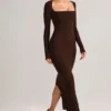 Lux Modal bodycon maxijurk met vierkante hals in chocoladebruin