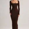 Lux Modal bodycon maxijurk met vierkante hals in chocoladebruin