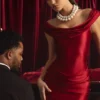 Maeve satijnen off-shoulder gedrapeerde minijurk in True Red