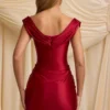Maeve satijnen off-shoulder gedrapeerde minijurk in True Red