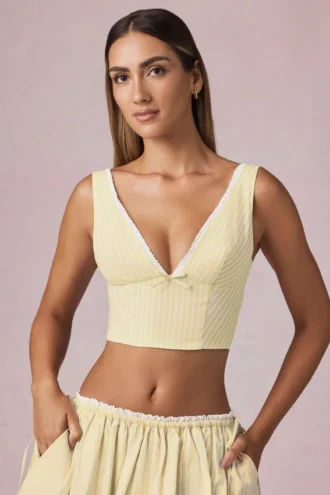Magda crop top met strikdetail in citroengeel gestreept