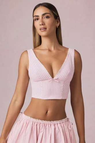 Magda crop top met strikdetail in zacht mauve gestreept