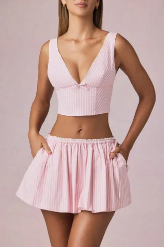 Magda crop top met strikdetail in zacht mauve gestreept