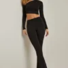 Mairead asymmetrische gedrapeerde flared broek met middelhoge taille in zwart