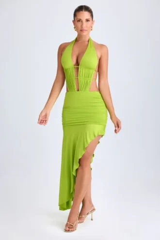 Manami asymmetrische halterjurk met uitsnijdingen in limoengroen