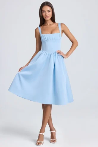 Marguerite gedrapeerde corset midi-jurk in poederblauw