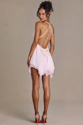 Mariette Premium Chiffon minijurk met diepe halslijn en open rug in babyroze