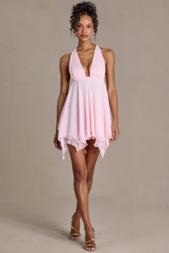 Mariette Premium Chiffon minijurk met diepe halslijn en open rug in babyroze