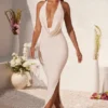 Mariposa Plunge Cowl Neck Floor Length Jurk in ivoor