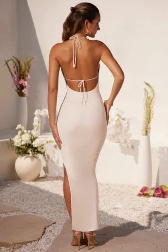 Mariposa Plunge Cowl Neck Floor Length Jurk in ivoor