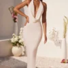 Mariposa Plunge Cowl Neck Floor Length Jurk in ivoor