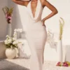 Mariposa Plunge Cowl Neck Floor Length Jurk in ivoor