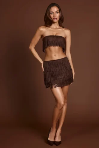 Maristella mini-rok met franjes en middelhoge taille in chocoladebruin