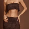 Maristella mini-rok met franjes en middelhoge taille in chocoladebruin