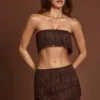Maristella mini-rok met franjes en middelhoge taille in chocoladebruin