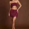 Maristella mini-rok met franjes en middelhoge taille in wijnrood