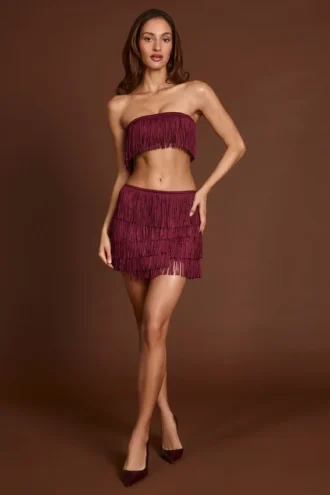 Maristella mini-rok met franjes en middelhoge taille in wijnrood