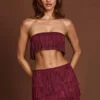 Maristella mini-rok met franjes en middelhoge taille in wijnrood