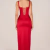 Marleigh maxi-jurk met korset en hoge split in rozerood
