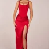 Marleigh maxi-jurk met korset en hoge split in rozerood